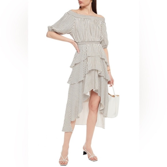 Maje Striped Off-Shoulder, Tiered, Ruffle Dress - Picture 1 of 8